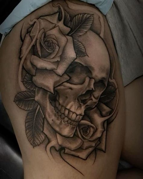 Skull And Rose Shoulder Tattoo, Skull Inside Rose Tattoo, Skull Shoulder Tattoo For Women, Skull And Roses Tattoos For Women, Rose And Skull Tattoo For Women, Skull Tattoo Thigh, Skull Tattoo Shoulder, Skull And Rose Tattoo Design, Skull And Roses Tattoo