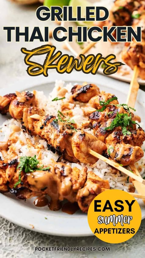 Thai Chicken Skewers Grilled, Chicken On A Skewer, Thai Skewers, Chicken Skewers Grilled, Thai Chicken Skewers, Summer Appetizers, Cookout Party, Summer Appetizers Easy, Chicken Skewer Recipe