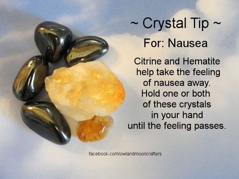 Crystal Tip For Nausea  Citrine and Hematite help take the feeling of nausea away. Hold one or both of these crystals in your hand until the feeling passes www.thecrystalhealingconnection.comg Crystal Tips, People And Animals, Magic Herbs, Crystal Power, Crystals Healing, Crystal Therapy, Witchy Stuff, Witchy Things, Crystal Healing Stones