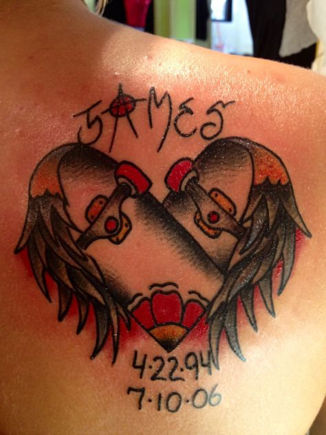 My first and favorite tattoo. It's for my best friend who died in 2006, we were only 12. I love this tattoo because he loved to skateboard and the wings wrapping around the heart made from a skateboard, like my guardian angel. Never will I regret this tattoo. Rest easy James Skateboard Memorial Tattoo, Peter Tattoo, Skate Tattoo, Skateboard Tattoo, Guardian Angel Tattoo, Fairy Tattoo Designs, Music Tattoo Designs, Angel Wings Tattoo, For My Best Friend