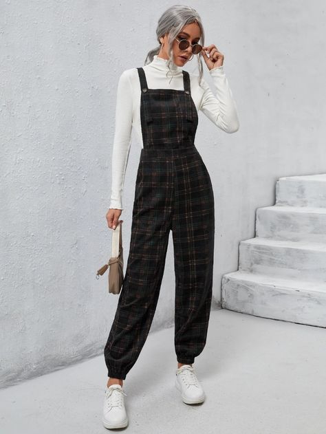 Plaid Print Corduroy Pinafore Jumpsuit | SHEIN USA Pinafore Jumpsuit, Jumpsuit Outfit Casual, Corduroy Pinafore, Plaid Jumpsuit, Overalls Outfit, Casual Indian Fashion, Jumpsuit Outfit, Tomboy Style Outfits, Classy Work Outfits