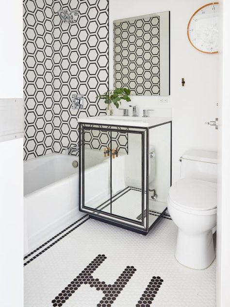 Photos | Pippa Lee | HGTV Black And White Kids Bathroom, Black Wainscoting, Black White Bathrooms, Mosaic Floor Tile, Green Cabinets, Bathroom Pictures, Bad Design, Black Bathroom, Kids' Bathroom