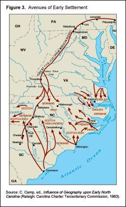 (Image:  "Avenues of Early Settlement" Source:  C. Camp. ed., Influence of Geography upon Early North Carolina (Raleigh:  Carolina Charter Tercentenary Commission, 1963).  This article, entitled "Early Settlement" by David Goldfield, Professor of History at UNC, Charlotte, 2005, outlines in careful detail the development of the frontier in the North Carolina Colony during the period, 1657 through 1835. Ulster Ireland, Genealogy Map, North Carolina History, Unc Charlotte, Genealogy Help, The Oregon Trail, Norfolk England, Family Tree Genealogy, Genealogy Resources