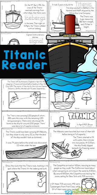 Make learning about the Titanic for Kids fun and easy with this free printable reader. Children from kindergarten, first grade, 2nd grade, 3rd grade, 4th grade, 5th grade, and 6th grade students will read, color and learn titanic facts for kids. Not only is this a great way to work on reading skills, but a great way to learn bout some history for kids while learning about the most luxurious and impressive ship of her time with intersting titanic information. Simply download pdf file with titanic I Survived The Sinking Of The Titanic Activities, Free Titanic Printables, Titanic Lesson Ideas, Titanic Worksheets Free Printable, Titanic For Elementary, Titanic Coloring Pages Free Printable, Titanic Crafts Projects, Titanic School Project For Kids, Titanic Project For Kids