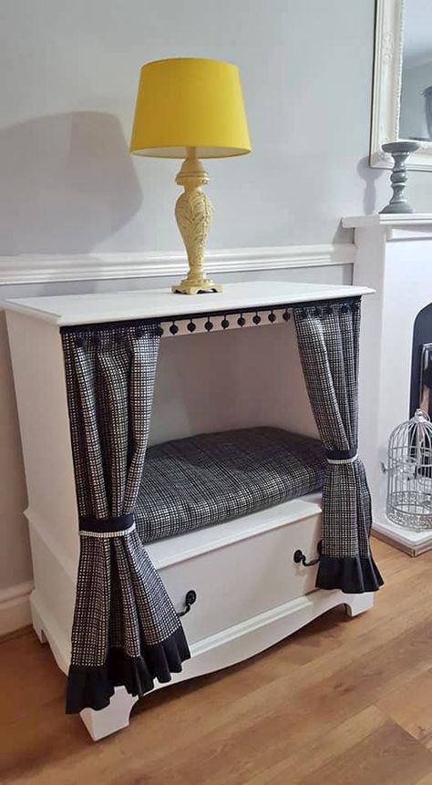 Pet Bed with Storage - a dresser upcycle. Pet Beds From Furniture, Dog Beds Furniture, Dresser Cat House, Cat Beds Diy, Dog Bed With Storage, Homemade Pet Beds, Dog Bed Inspiration, Upcycled Pet Bed, Dresser Upcycle