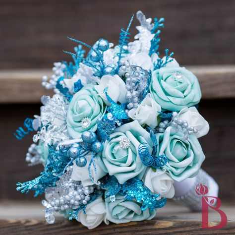 Frozen Wedding Theme, Turquoise Bouquet, Frozen Wedding, Wonderland Wedding Theme, Snowflake Wedding, Winter Wedding Bouquet, Aqua Wedding, Silk Wedding Bouquets, Yosemite Wedding