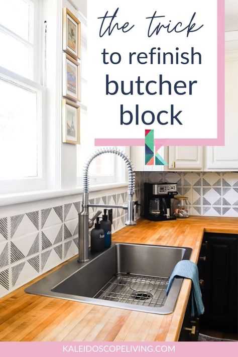 Looking for the easiest DIY to refinish butcher block counters? This budget-friendly 4 step tutorial will have your countertops restored to their original beauty in no time! How To Refinish Butcher Block Countertops, Can You Cut On Butcher Block Countertops, How To Care For Butcher Block Counters, How To Join Butcher Block Countertops, Butcher Block Countertop Care, Butcherblock Countertops, Butcher Block Counters, Butcher Block Counter, New Countertops