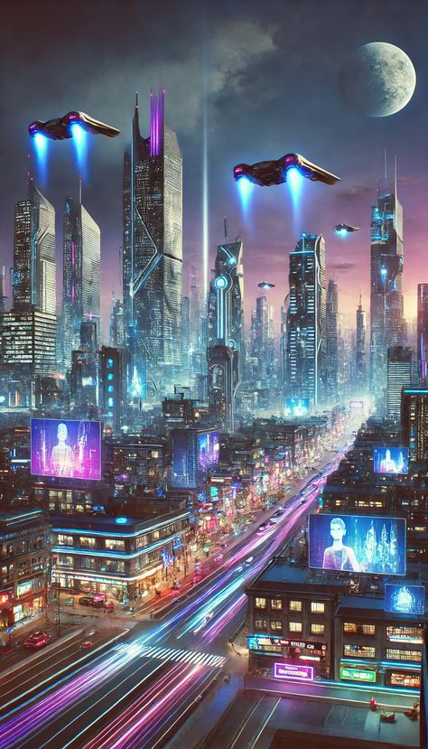 A breathtaking view of a futuristic city at night, featuring towering skyscrapers, glowing neon lights, and flying vehicles darting through the sky. The sleek architecture is adorned with holographic advertisements, while bustling streets are filled with people dressed in advanced attire. Digital billboards light up every corner, and the sky, tinted with purple and blue, adds a dreamy atmosphere. The vibrant glow from the city lights showcases a utopian metropolis in all its splendor. Futuristic City Illustration, High Tech City, Utopian Architecture, Futuristic City Utopia, Utopian City, Sleek Architecture, Futuristic Cityscape, Dreamy Atmosphere, Neon City