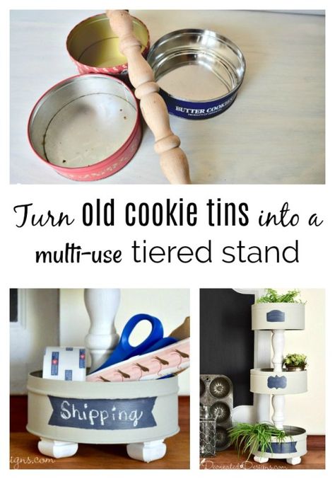 Tiered Tray Diy, Cookie Tin, Diy Tray, Tin Can Crafts, Thrift Store Crafts, Tray Diy, Diy Dollar Tree Decor, Cookie Tins, Diy Upcycling