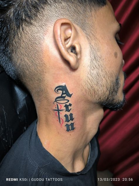 Neck tattoo ideas Arun Tattoo Name, Neck Name Tattoo Men, Name Tattoo Neck, Neck Name Tattoo, Name Tattoo On Neck, Name Neck Tattoo, Sunny Name, Name Tattoos On Neck, Last Name Tattoos