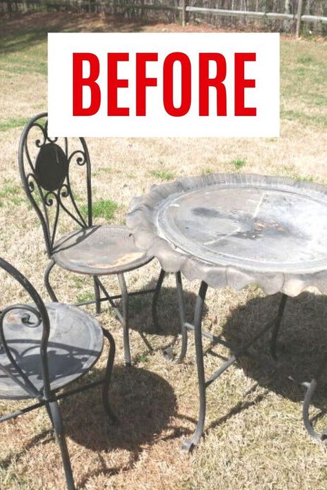 We can't believe this amazing patio furniture upcycle DIY for $25! check out the before and after patio table and chairs makeover DIY for backyard or porch. Metal Patio Furniture Makeover, Metal Table And Chairs, Metal Garden Table, Patio Upgrade, Metal Bistro Chairs, Patio Furniture Makeover, Upcycle Dresser, Upcycle Diy, Furniture Upcycle