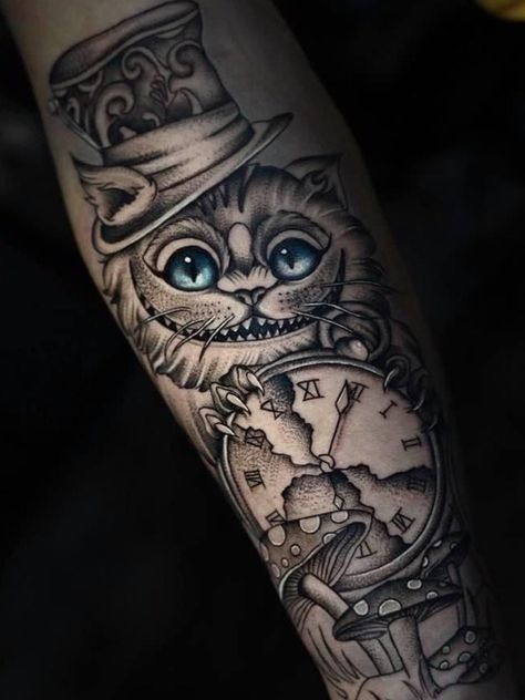 Alice In Wonderland Tattoo Sleeve, Alice In Wonderland Tattoos, Mad Hatter Tattoo, Black And White Tattoos, White Rabbit Tattoo, Cheshire Cat Tattoo, Alice In Wonderland Tattoo, Alice And Wonderland Tattoos, White Tattoos