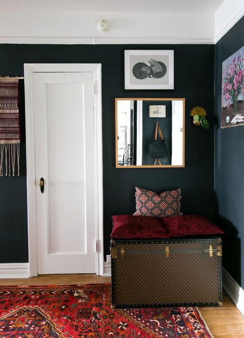 Home Office Rug, Dark Walls, Up House, Dark Interiors, White Doors, Accent Doors, Office Rug, White Bedroom, Benjamin Moore