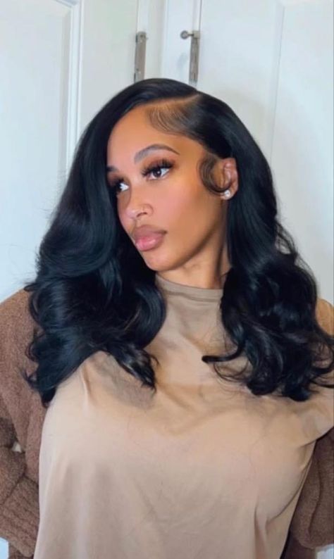 Side Part Shoulder Length Hair Black Women, Side Part Short Quick Weave, Side Part 16 Inch Wig, Side Part 16 Inch Sew In Weave, Side Part Sew In With Leave Out Short, Black Hair Sew In, Sew In Prom Hairstyles, Sew In Weave With Leave Out Side Part Curly, 16 Inch Wig Black Women