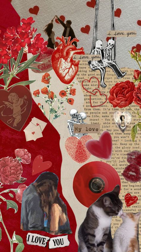 Heart Wallpaper Collage, Heart Art Collage, Valentine Collage Ideas, Collage Valentine Card, Valentines Collage Ideas, Collage Art About Love, Magazine Moodboard Collage, Cute Couple Collage Ideas, Valentines Day Astethic