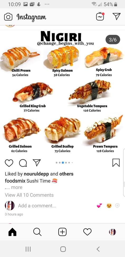 Food Calorie Chart, Chilli Prawns, Calorie Chart, Grilled Scallops, Salmon Sushi, Spicy Salmon, Sushi Time, King Crab, Grilled Salmon