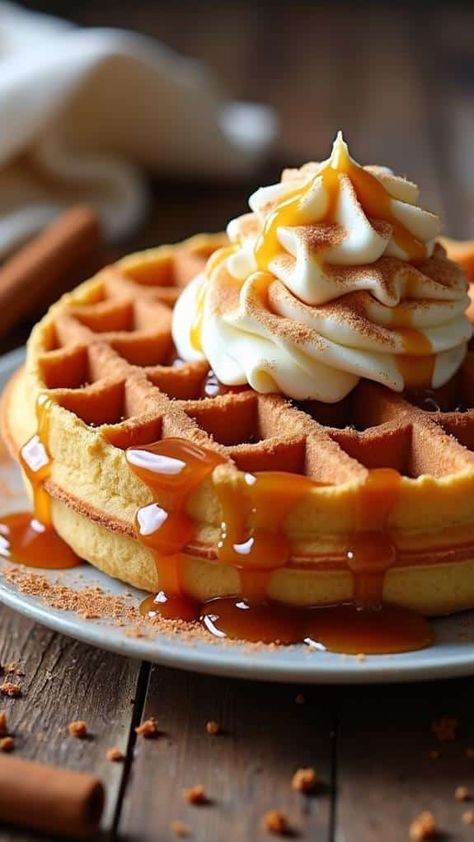 Cinnamon Roll Waffles With Caramel Sauce Waffle Spaghetti, Cinnamon Roll Waffle, Fluffiest Cinnamon Rolls, Caramel Waffles, Cinnamon Roll Waffles, Fluffy Waffles, Cinnamon Roll Dough, Perfect Pancakes, Classic Breakfast