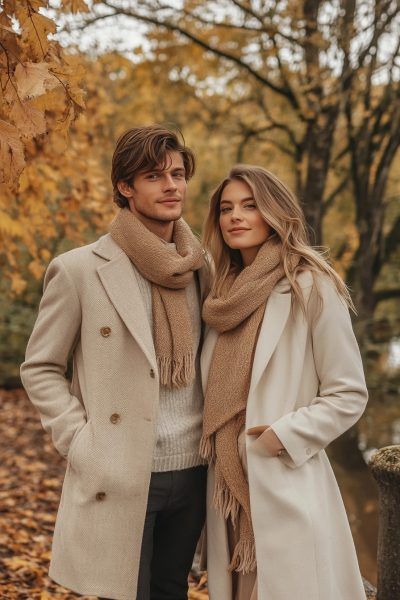 19 Cute Fall Couple Photoshoot Outfits Couples Trench Coat Outfit, Preppy Couple Outfits, Fall Outfit Engagement Photos, Christmas Couples Outfit, Christmas Card Ideas Picture Couple, Fall Photo Outfits Couple, Coordinated Couples Outfits, Christmas Card Outfits Couple, Couple Christmas Card Photo Ideas