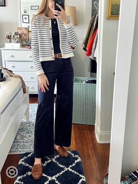 Nautical Blazer Outfit, Grown Up Preppy Style, Preppy Work Outfits Women Summer, Strip Cardigan Outfit, Nautical Outfit Women Summer, Black Striped Cardigan Outfit, Stripes Cardigan Outfit, Strip Pants Outfit, Preppy Cardigan Outfit