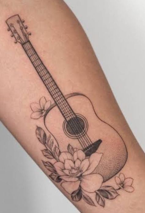 Pretty Guitar Tattoo, Acoustic Guitar Tattoo Memorial, Guitar Butterfly Tattoo, Western Guitar Tattoo, Guitar Strings Tattoo, Elvis Guitar Tattoo, Guitar Pick Tattoo Ideas, Floral Guitar Tattoo, Guitar Tattoo With Flowers