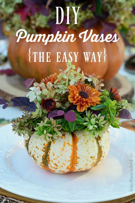 DIY Pumpkin Vase | Best Thanksgiving Centerpieces Autumn Tablescapes, Pumkin Decoration, Pumpkin Vase, Pumpkin Arrangements, Fall Flower Arrangements, Pumpkin Flower, Fall Arrangements, Fall Tablescapes, Pumpkin Centerpieces