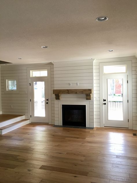 Shiplap fireplace Fireplaces Layout, Fireplace Redo, Shiplap Fireplace, Sunken Living Room, Sunroom Designs, Small Basement, Farmhouse Fireplace, Faux Fireplace, Fireplace Remodel