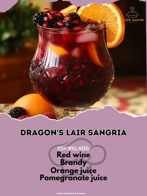 🔥🍇 Dive into the depths with Dragon's Lair Sangria! A mystical mix of fruits and flavors! 🍷🐉 #DragonsLair #MysticalSangria Dragon's Lair Sangria Ingredients: Red wine (1 bottle) Brandy (1/2 cup) Orange juice (1/2 cup) Pomegranate juice (1/4 cup) Mixed berries (1 cup) Orange slices (for garnish) Ice Instructions: In a pitcher, combine red wine, brandy, orange juice, and pomegranate juice. Add mixed berries and stir well. Chill for at least 2 hours. Serve over ice and garnish with orange sl... Sangria Ingredients, Yummy Alcoholic Drinks, Dragon's Lair, Pomegranate Juice, Alcohol Drink Recipes, Mixed Berries, Orange Slices, Orange Juice, Cocktail Drinks