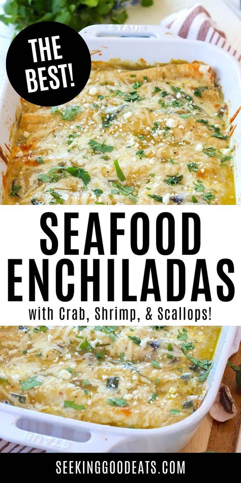 Seafood Enchiladas are creamy and cheesy and full of shrimp, scallops, and crab. A seriously good enchilada recipe! This Mexican-inspired recipe is flavor-packed with vegetables and melted cheeses, wrapped in a low carb flour tortilla then smothered in our bold green enchilada sauce. The whole family will love this dinner recipe. A make ahead casserole recipe that's freezable! Instructions for adapting to a low carb and keto recipe provided. Shrimp Enchiladas Recipes, Seafood Enchiladas Recipe, Seafood Enchiladas, Best Enchiladas, Yummy Casserole Recipes, Recipes With Enchilada Sauce, Shrimp Scallops, Super Easy Dinner, Enchilada Recipe