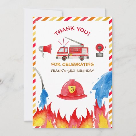 Fire Truck Fire Engine Birthday Party Thank you | #firefighter #firetruck #fireengine #boy'sbirthday #girl'sbirthday #firetrucktheme #soundthealarm #redfiretruck #thankyou #thankyoucard Thank You Card For Firefighters, Fire Engine Birthday Party, Fire Engine Birthday, Cake Lettering, Truck Theme, Daughter's Birthday, Top Reads, Birthday Thank You Cards, Truck Engine