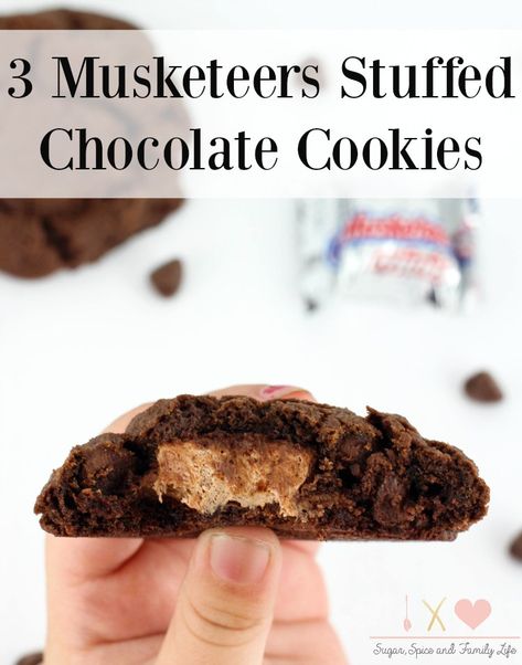 3 Musketeers Stuffed Chocolate Cookies Recipe Stuffed Chocolate Cookies, 3 Musketeers, Stuffed Cookies, Chocolate Chip Cheesecake, Chocolate Cookie Recipes, Cookie Swap, Candy Cookies, Easy Baking Recipes, Sugar Cookies Recipe