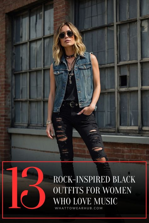 Discover 13 stunning black outfit ideas designed for rock fans! From stylish jackets to rock-inspired skirts and dresses, find ways to express your bold side with these unique fashion picks. Perfect for concerts and beyond. #RockFashion #BlackOutfits Acdc Aesthetic Outfit, 80s Rocker Costume Woman, Lead Singer Outfit Female, Elegant Rocker Outfit, Rock And Roll Outfits Women, Punk Rock Outfits For Women, Rock Chick Style Over 40, Classy Rocker Chic Style, Rocker Outfits For Women