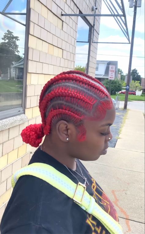 Red Feed In Braids Cornrows, Burgundy Feed In Braids, Red Straight Back Braids, Red Stitch Braids, Red Feed In Braids, Red Quick Weave Hairstyles, Feedin Braids Ponytail, Red Cornrows, Red Hair And Tattoos