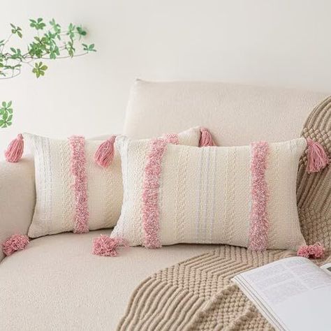 Return Policy Fast Delivery Trusted seller Boho Throw Pillow Covers 12x20 Set of 2 Woven Tufted Farmhouse Pillows Cover with Tassels Textured Striped Cushion Case Lumbar Pillow Cases Decorative Pillowcase for Sofa, Couch, Bed, Pink Product Description Viscose,polyester,cotton Premium Material & Package Includes: Bohemian throw pillow covers are well-made and of great quality. The fabric on the front is 45% cotton, 45% polyester, and 10% viscose, making the decorative pillow covers comfy, combined with 100 percent cotton on the white back that is thick and durable. 12x20 lumbar small pillow covers set of 2 with smooth hidden zipper, which makes it convenient to replace or clean.Inserts are not included. Luxury and Durable: Neutral Accent Throw pillow cover for couch own unique designs and l Bedroom Throw Pillows, Light Pink Throw Pillows, Bohemian Throw Pillows, Boho Throw Pillow, Throw Pillows Bedroom, Pink Throw Pillows, Small Pillow, Pink Curtains, Boho Throws