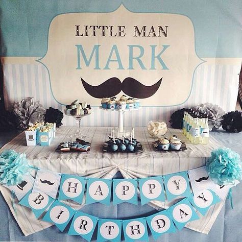 Blue little man mustache birthday party! See more party ideas at CatchMyParty.com! Little Man Birthday Party Ideas, Mustache Birthday Party, Man Birthday Party, Mustache Birthday, Man Mustache, Mustache Baby Shower, Mustache Party, Boy Baby Shower Ideas, Birthday Table Decorations