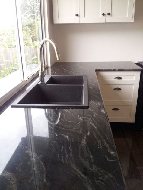 Black granite bench top with matching black sink. Amazing! Kitchen Interior With Black Granite Top, Black Grey Marble Countertops, Gray And Black Marble Countertops, Matte Black Countertops Stone, Small Kitchen Modular Design, Black Sink Marble Countertop, Granite Bench, Countertops Ideas, Black Kitchen Countertops