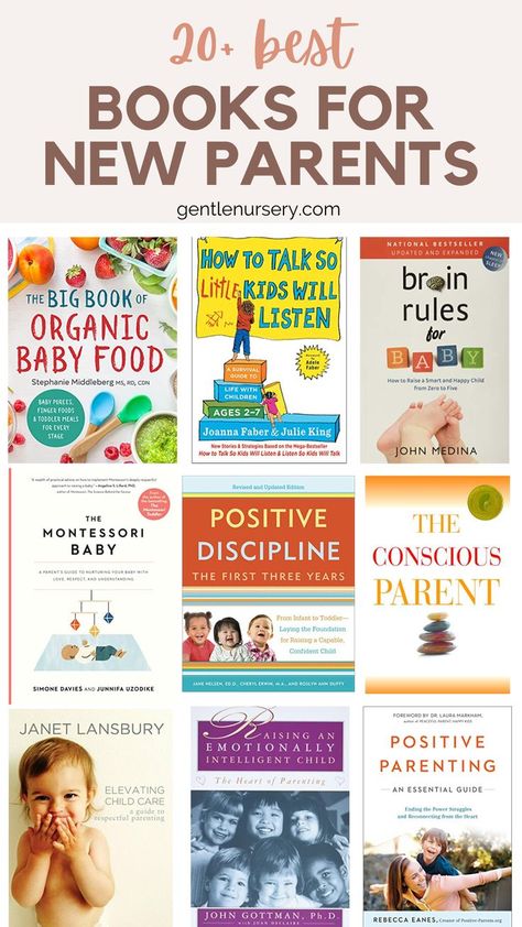 graphic title " 20+ best books for new parents" 9 pictures of the cover of parenting books. Books For Parenting, Parenting Advice For New Moms, Books For New Moms, Books For New Parents, Parenting Books For Moms, Books On Parenting, New Parent Books, Books For First Time Moms, Gentle Parenting Books