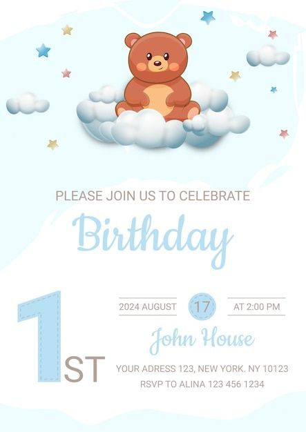 Birthday invitation card with a teddy bear on clouds Birthday Invitation Card, Boy Birthday Invitations, A Teddy Bear, On Clouds, Invitation Card, Birthday Celebration, Boy Birthday, Invitation Cards, Premium Vector