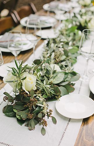 Natural Wedding Full of Greenery Greenery Table Decor, Wedding Dining, Wedding House, Bohemian Wedding Inspiration, Table Scapes, Scottish Wedding, Natural Wedding, Wedding Table Centerpieces, Church Decor