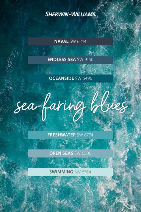 Sw Oceanside Paint, Ocean Inspired Paint Colors, Deep Ocean Blue Color, Sw Oceanside, Ocean Blue Paint Colors, Naval Sw 6244, Ocean Blue Paint, Beach Color Palette, Ocean Color Palette