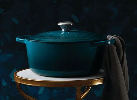 Color Conversations: Introducing Deep Teal | Le Creuset® Official Site Le Creuset Cast Iron, Le Creuset Cookware, Enameled Cast Iron Cookware, Dish Warmer, Contrast Lighting, Cooking For Two, Pots Pans, Fine Craft, Knobs And Handles