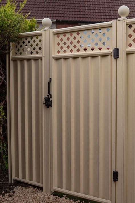 Cream ColourFence lockable gate with trellis. A practical and secure solution for garden entrances. Gate Color Ideas Entrance, Gate Colour Ideas, Gate With Trellis, Garden Entrances, Steel Gates, Metal Garden Gates, Courtyard Gardens, Garden Entrance, Color Schemes Colour Palettes