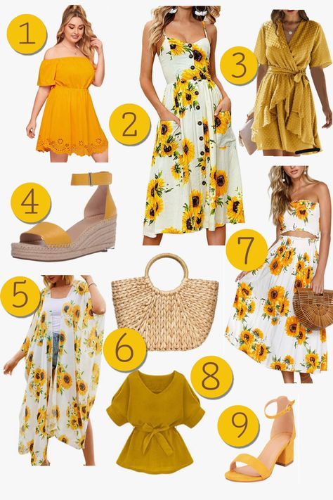 Sunflower Outfit Aesthetic, Something Yellow, Yellow Stuff, Sunflower Outfit, Honey Suckle, Theme Board, Sun Fashion, Sunflower Party, Plus Size Winter Outfits