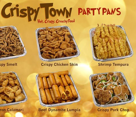 CrispyTown Party Pans, popular Filipino party food pre-order. Birthday Foods Filipino, Filipino Birthday Food, Filipino Finger Foods Parties, Filipino Lunch Ideas, Pica Pica Food Parties, Filipino Birthday Party Food Ideas, Birthday Food Ideas Filipino, Food Business Ideas Philippines, Filipino Buffet