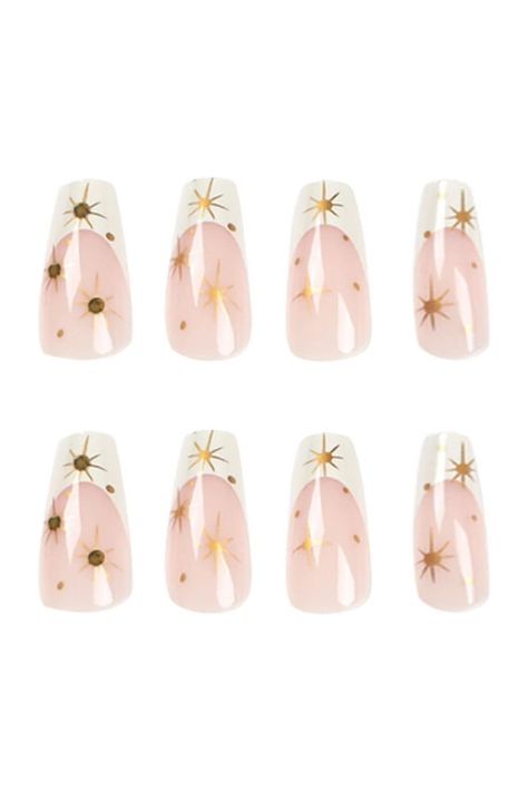 MISUD Coffin Press on Nails Long Fake Nails Glossy Glue on Nails Ballerina White French Tip Acrylic Nails 24 pcs Star and Moon Designs False Nails with 3D Rhinestone Ballet Nails, White French Tip, French Tip Acrylic Nails, Coffin Press On Nails, Fake Nails With Glue, Sparkling Stars, Nails Manicure, Golden Star, False Nail