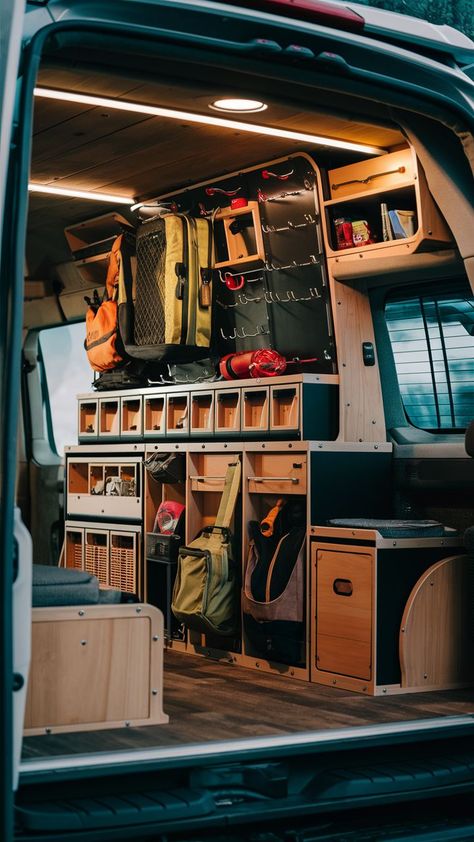 A modular gear wall with customizable storage solutions and flip tables in a versatile van. Van Organization, Mini Caravan, Gear Wall, Cargo Trailer Camper, Pickup Camper, Van Storage, Micro Camper, Travel Van, Camper Interior