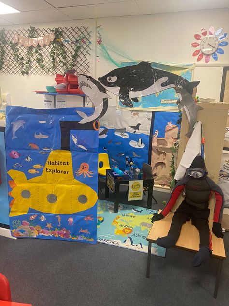 Subject was habitats, role play was under the ocean moving ti other habitats as civeted in class Under The Sea Role Play, Under The Ocean, Role Play, Under The Sea, Classroom Decor, The Ocean, The Sea, Animals