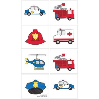 This sheet of first responders tattoos features emergency vehicles helicopters and headgear. Temporary tattoos are great for filling favors bags or pinatas and make for a fun party activity for all heroes-in-training. First Responders Tattoos product details:  8 tattoos per package 8 perforated squares 2in wide x 1 3-4in tall Sheet 4in wide x 7in tall Easily applied with a damp cloth Easily removed with baby oil or rubbing alcohol Emergency Vehicle Birthday Party Decor, Emergency Vehicle Birthday Party, Blippi Party, Decor Cookies, Fireman Birthday, Summer Party Themes, Halloween Kit, Diy Balloon Decorations, Summer Toys