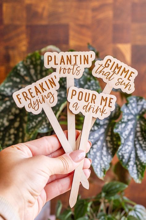 "Funny Wooden Plant Markers These funny wooden plant markers make an adorable addition to your potted indoor plants or garden! Give your plants personality by choosing your favorite plant sayings or we can create a custom saying for you! These make for the best gift to any plant lover as well! ♥ Choose your favorite sayings from our drop down menu ♥ Want a CUSTOM saying? Choose \"custom\" from the drop down menu and add what you would like it to say in the personalization box! ♥ Made from Unfinished Baltic Birch PlyWood  ♥ Approximate Dimensions: 5.25\" tall and 1/8\" thick (width depends on how long the saying you choose is) ♥ Laser Engraved  ♥ Price is per 1 plant stake ♥ Each plant sign is one-of-a-kind, wood grain and color WILL VARY slightly on each one which adds to the natural beaut Plant Sayings, Plant Accessories, Plant Signs, Plant Pot Design, Laser Cut Wood Crafts, Plant Stakes, Laser Engraved Ideas, Plant Tags, Garden Markers