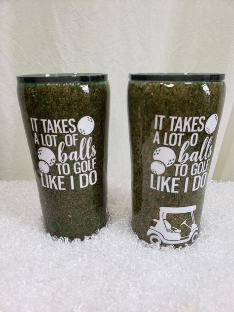 Golf "turf" stainless steel tumbler 20 oz. $25 Golf Tumbler Ideas, Golf Cups, Epoxy Mugs, Cup Sayings, Golf Tumbler, Tumbler Turner, Sports Tumbler, Golf Simulator Room, Yeti Cup Designs