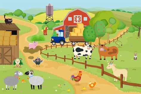 Vector cartoon farm rural landscape anim... | Premium Vector #Freepik #vector #farm-house #village-landscape #village #barn Farm Vector, Village Landscape, House Village, City Farm, Farm Field, Vector Cartoon, Rural Landscape, Alphabet Activities, Prado